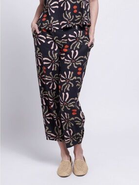 Foil Linen Tapered Leg Floral Print Crop